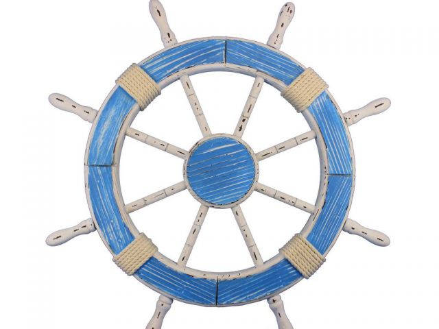 Wooden Rustic Light Blue and White Decorative Ship Wheel 30