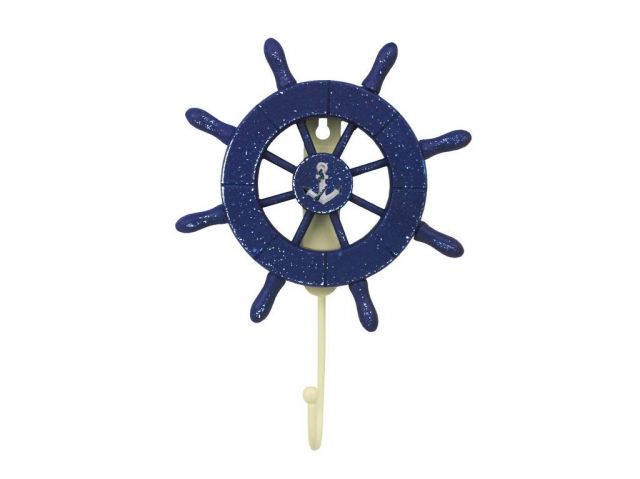 Rustic All Dark Blue Decorative Ship Wheel with Anchor and Hook 8