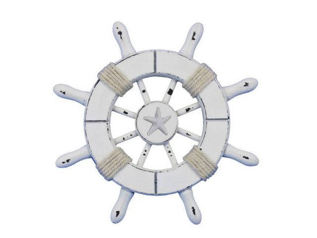 Rustic White Decorative Ship Wheel With Starfish 6