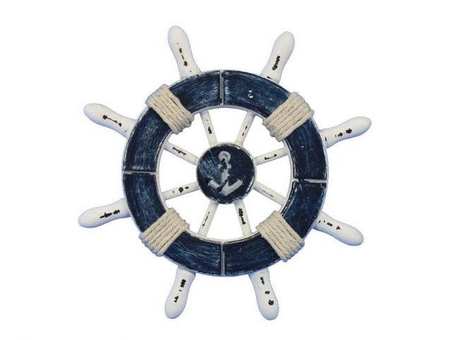 Rustic Dark Blue and White Decorative Ship Wheel With Anchor 6