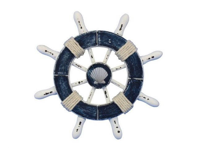 Rustic Dark Blue and White Decorative Ship Wheel With Seashell  6