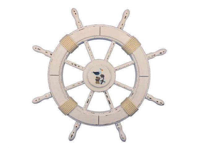 Rustic All White Decorative Ship Wheel With Seagull 24