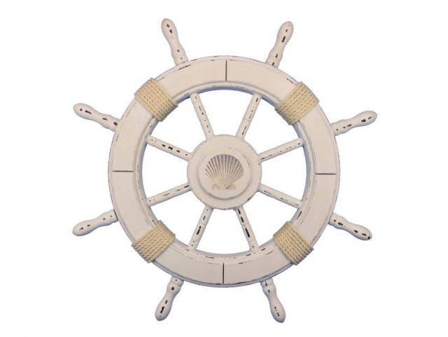 Rustic All White Decorative Ship Wheel With Seashell 24