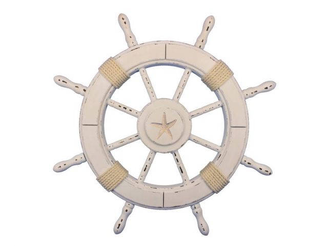 Rustic All White Decorative Ship Wheel With Starfish 24
