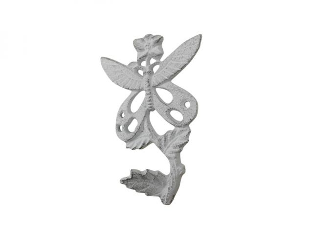 Whitewashed Cast Iron Butterfly on a Branch Decorative Metal Wall Hook 6.5