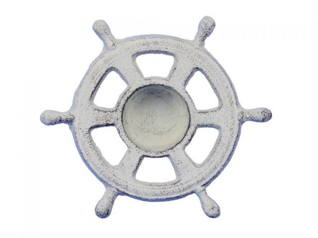 Whitewashed Cast Iron Ship Wheel Decorative Tealight Holder 5.5