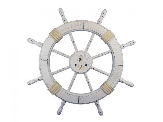 Wooden Rustic All White Decorative Ship Wheel With Anchor 30