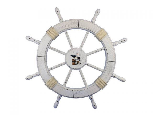 Wooden Rustic All White Decorative Ship Wheel With Seagull 30