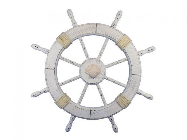 Wooden Rustic All White Decorative Ship Wheel With Seashell 30