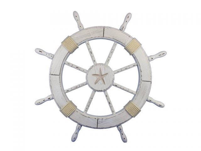 Wooden Rustic All White Decorative Ship Wheel With Starfish 30
