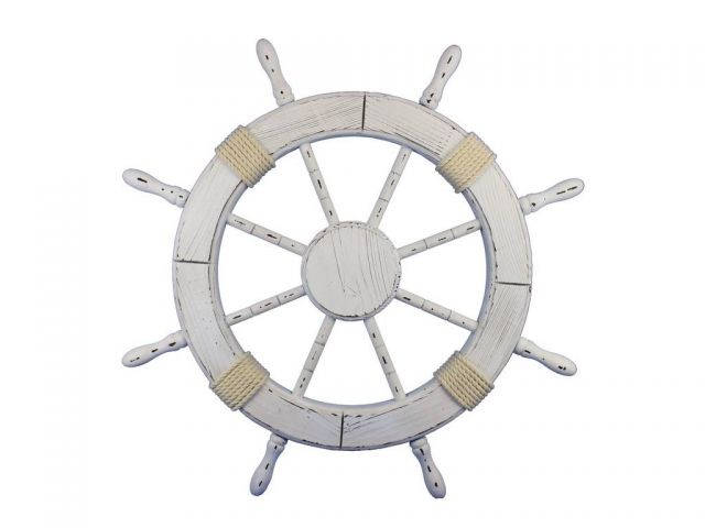 Wooden Rustic All White Decorative Ship Wheel 30