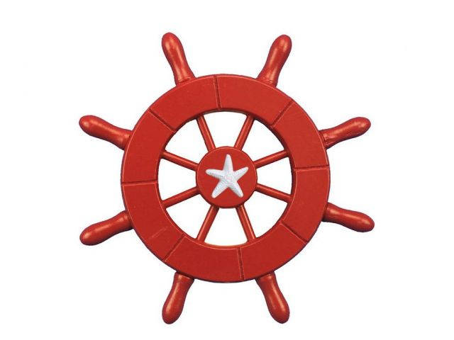 Red Decorative Ship Wheel With Starfish 6