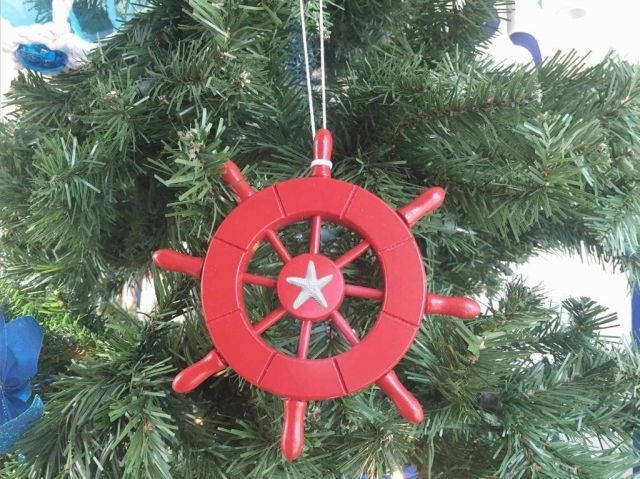 Red Decorative Ship Wheel with Starfish Christmas Tree Ornament 6