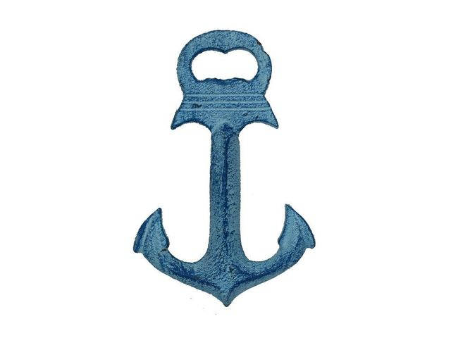 Rustic Light Blue Whitewashed Deluxe Cast Iron Anchor Bottle Opener 6