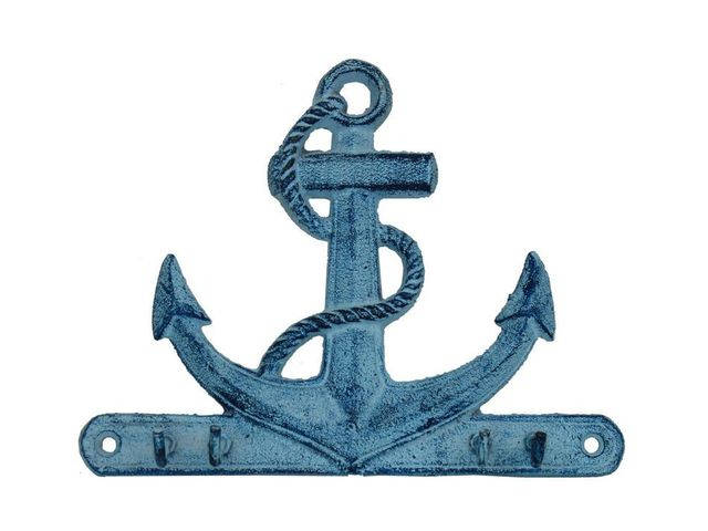 Rustic Dark Blue Whitewashed Cast Iron Anchor with Hooks 8