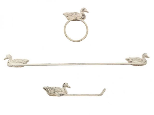 Whitewashed Cast Iron Mallard Duck Bathroom Set of 3 - Large Bath Towel Holder and Towel Ring and Toilet Paper Holder