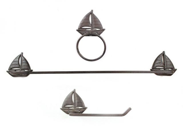 Cast Iron Sailboat Bathroom Set of 3 - Large Bath Towel Holder and Towel Ring and Toilet Paper Holder