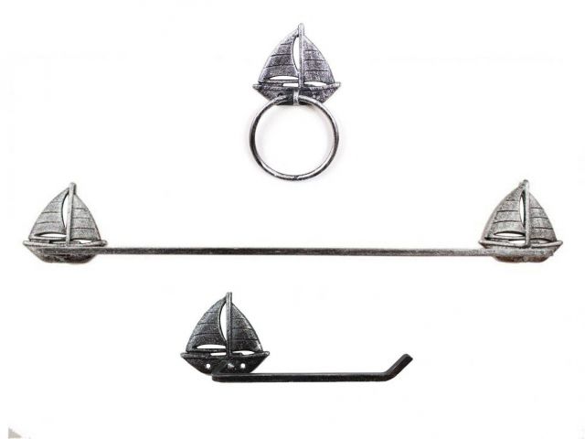 Rustic Silver Cast Iron Sailboat Bathroom Set of 3 - Large Bath Towel Holder and Towel Ring and Toilet Paper Holder