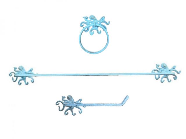 Rustic Light Blue Cast Iron Octopus Bathroom Set of 3 - Large Bath Towel Holder and Towel Ring and Toilet Paper Holder