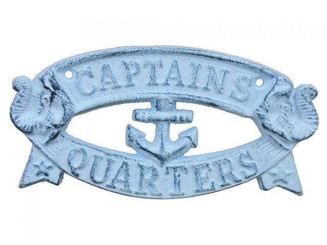 Rustic Dark Blue Whitewashed Cast Iron Captains Quarters Sign 8