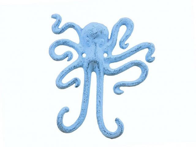 Rustic Dark Blue Whitewashed Cast Iron Decorative Wall Mounted Octopus Hooks 6