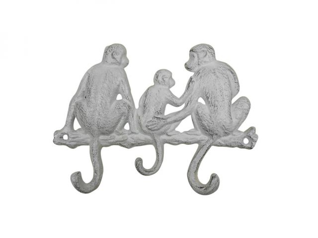 Whitewashed Cast Iron Sitting Monkey Family Decorative Metal Wall Hooks 8