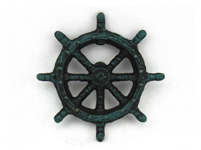 Seaworn Blue Cast Iron Ship Wheel Bottle Opener 3.75