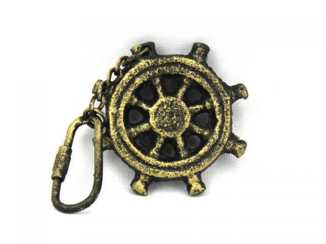 Antique Gold Cast Iron Ship Wheel Key Chain 5