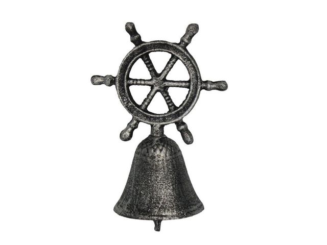 Rustic Silver Cast Iron Ship Wheel Hand Bell 6