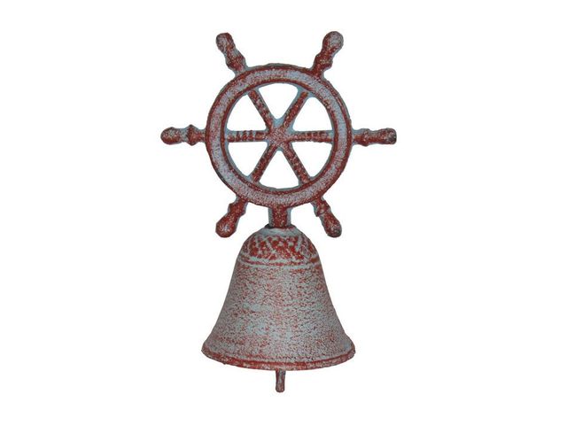 Rustic Red Whitewashed Cast Iron Ship Wheel Hand Bell 7