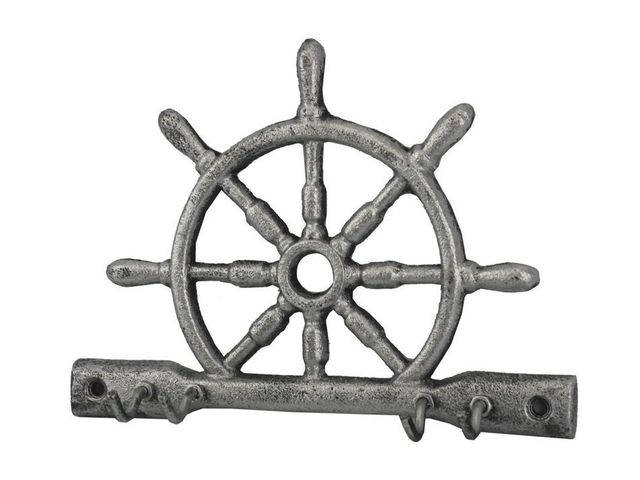 Rustic Silver Cast Iron Ship Wheel with Hooks 8