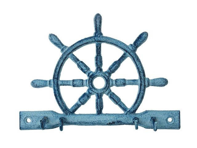 Rustic Dark Blue Whitewashed Cast Iron Ship Wheel with Hooks 8