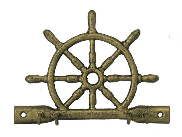 Rustic Gold Cast Iron Ship Wheel with Hooks 8