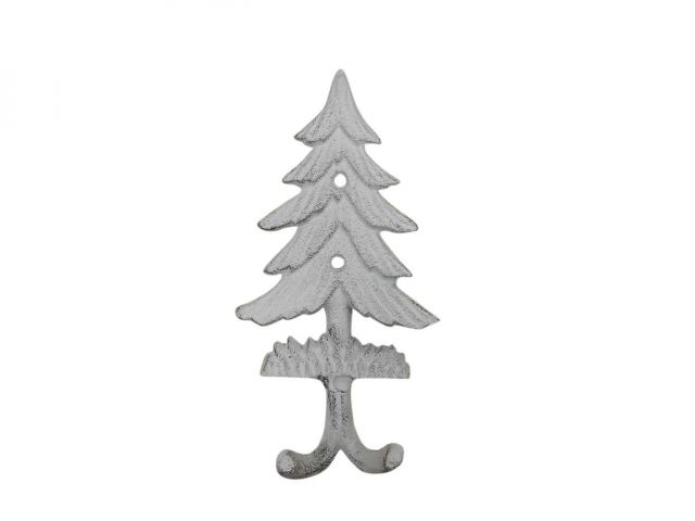 Whitewashed Cast Iron Pine Tree Decorative Metal Wall Hooks 6.5