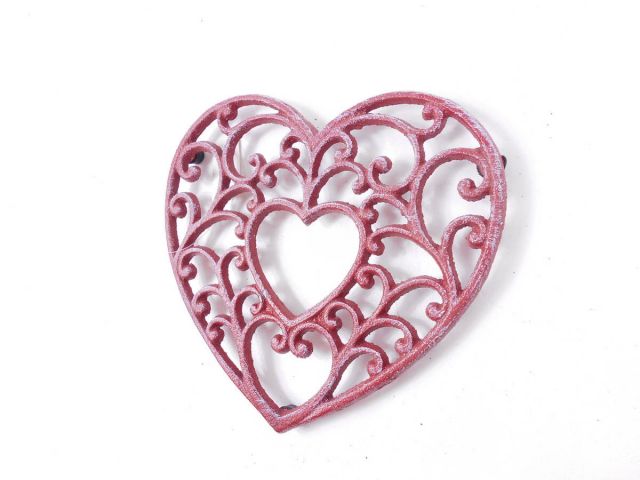 Rustic Red Whitewashed Cast Iron Decorative Heart Kitchen Trivet 8