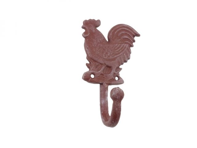 Rustic Red Whitewashed Cast Iron Rooster Hook 7