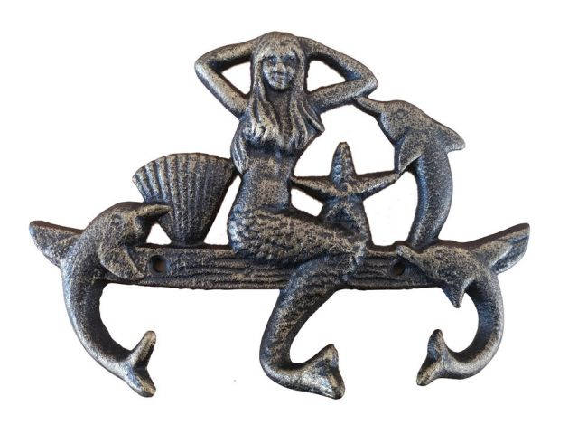 Antique Gold Cast Iron Wall Mounted Mermaid with Dolphin Hooks 9