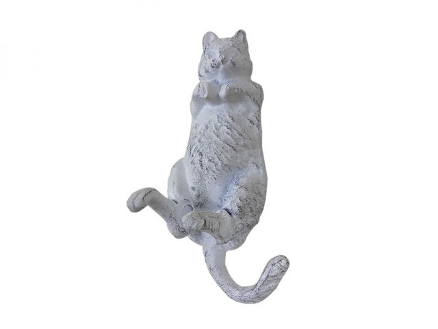 Whitewashed Cast Iron Happy Fat Cat Decorative Metal Wall Hook 6