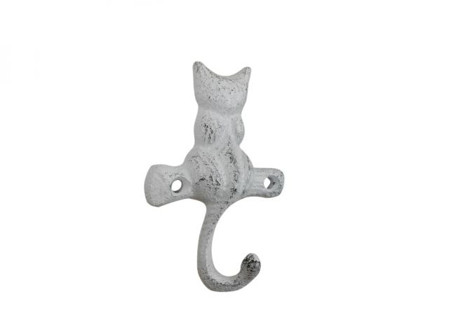 Whitewashed Cast Iron Cat on a Branch with Tail Decorative Metal Wall Hook 4