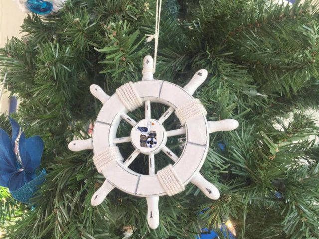 Rustic White Decorative Ship Wheel With Seagull Christmas Tree Ornament 6