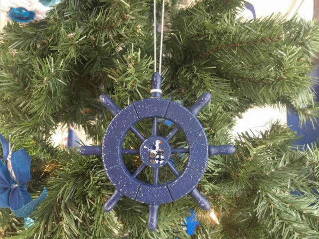 Rustic Dark Blue Decorative Ship Wheel With Seagull Christmas Tree Ornament 6