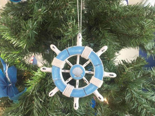 Rustic Light Blue and White Decorative Ship Wheel With Seashell Christmas Tree Ornament  6