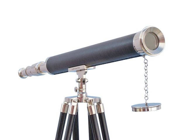 Chrome - Leather Harbor Master Telescope 60 with Black Wooden Legs