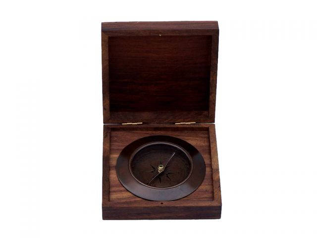 Antique Copper Admirals Desk Compass with Rosewood Box 5