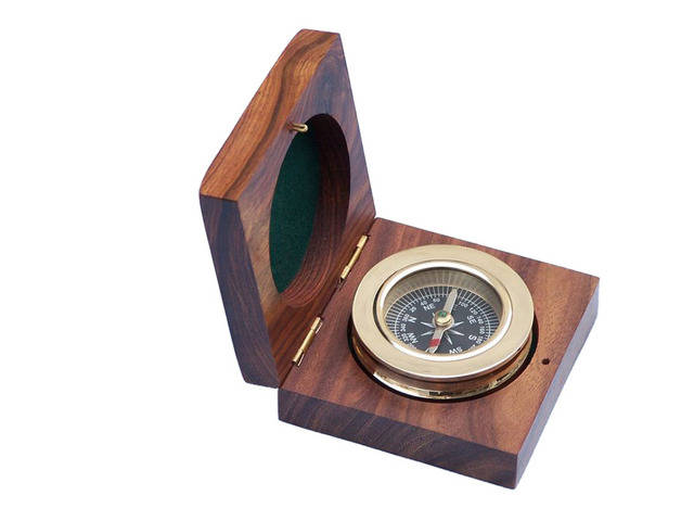 Brass Paperweight Compass w- Rosewood Box 3 