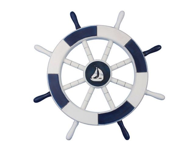 Dark Blue and White Decorative Ship Wheel with Sailboat 18