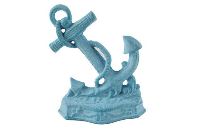 Rustic Light Blue Whitewashed Cast Iron Anchor Door Stopper 8
