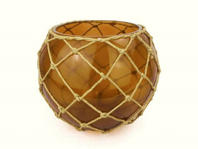 Amber Japanese Glass Fishing Float Bowl with Decorative Brown Fish Netting 10