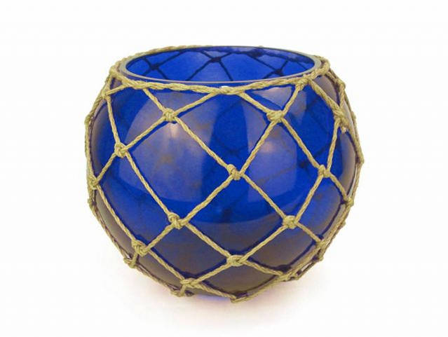 Dark Blue Japanese Glass Fishing Float Bowl with Decorative Brown Fish Netting 10