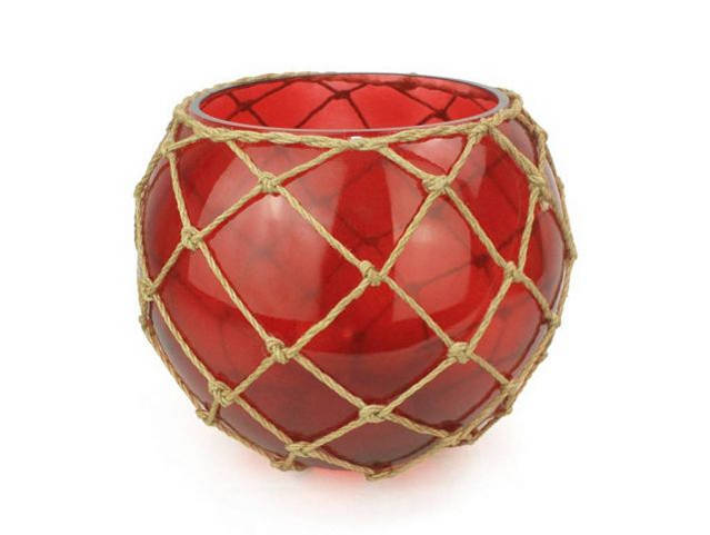 Red Japanese Glass Fishing Float Bowl with Decorative Brown Fish Netting 10